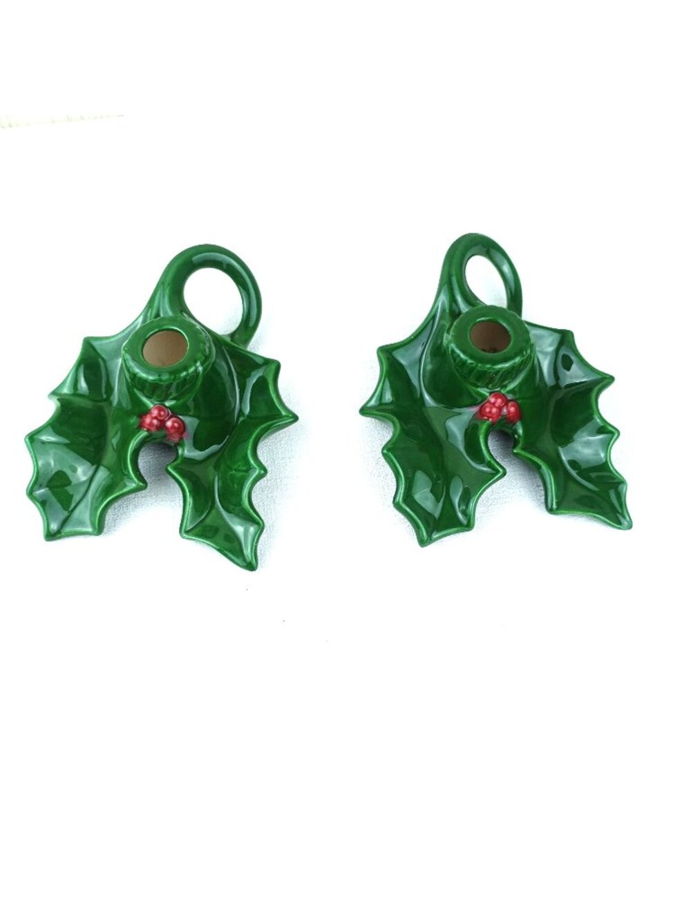 Vintage Holland Mold Green Holly Candle Holder w/red berries Set Of 2